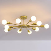 Gold ceiling light fixture with multiple bulbs on a plain background